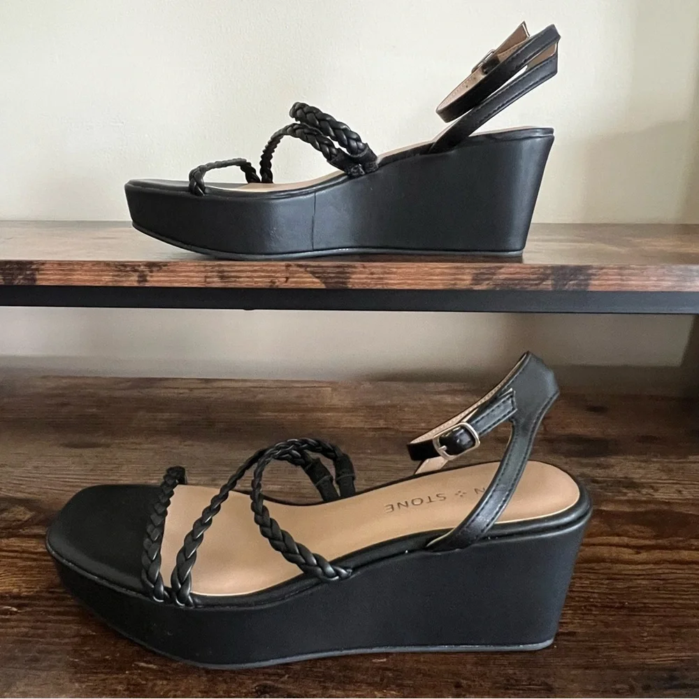 Sun + Stone Alyssaa Black Platform Wedge Braided Straps Ankle Strap Women's 8